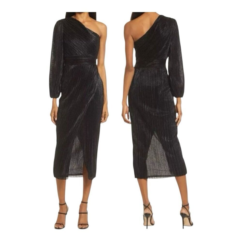 SAYLOR Revolve Alora Plissé One Shoulder Midi Dress Size Small Black Metallic